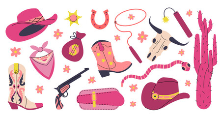 Cowgirl accessories set. Cowboy pink hats, boots and weapon. Decorative cactus, bandana and wild west buffalo skull. Rodeo decent vector clipart - obrazy, fototapety, plakaty