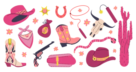 Behang Cowgirl accessories set. Cowboy pink hats, boots and weapon. Decorative cactus, bandana and wild west buffalo skull. Rodeo decent vector clipart © MicroOne