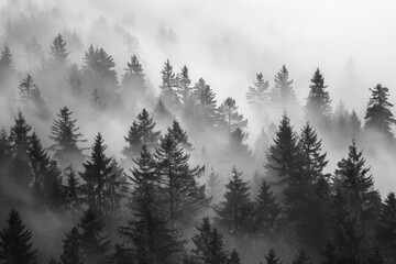 A serene monochrome landscape featuring silhouetted trees shrouded in a dense, misty atmosphere - Powered by Adobe