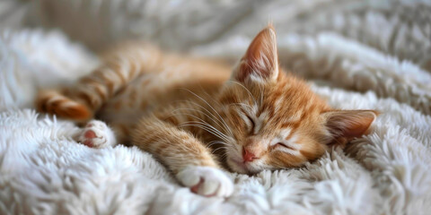 Fototapeta premium Adorable ginger kitten enjoying a nap, wrapped in a soft, fluffy white blanket