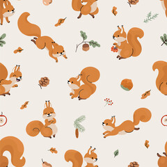 Fototapeta premium Squirrel seamless pattern. Cute forest squirrels, cartoon funny wild characters. Vintage style childish fabric print, nowaday vector background