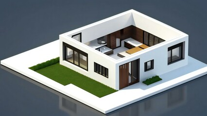 Modern 3D rendered cutaway of a house showing interior layout and design.