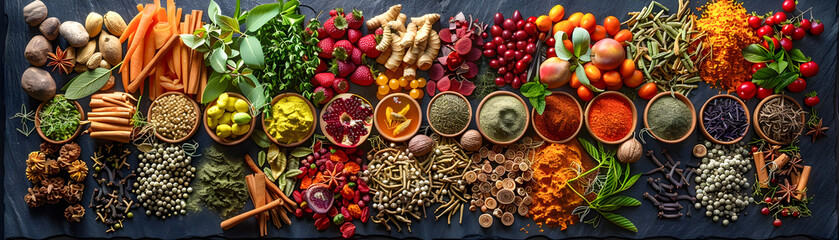 A table full of various spices and vegetables