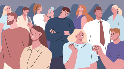Lonely person in happy people group. Loneliness and happiness around. Man feel alone in crowd outside. Burnout and depression, kicky vector scene