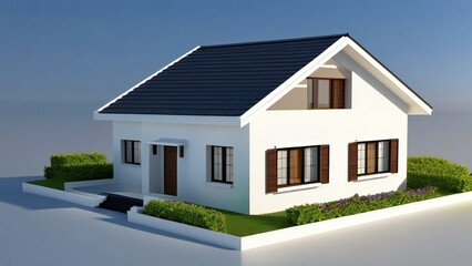 Modern detached house with white facade and brown windows, surrounded by green hedges, isolated on white background.