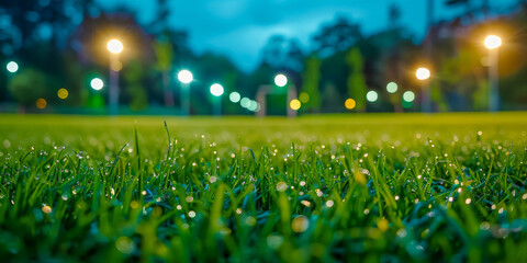 Close-up of glistening dew on green grass with the bright lights of a soccer stadium