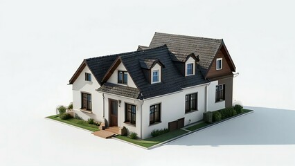 3D rendering of a modern suburban house on a white background, with detailed exterior and landscaping.