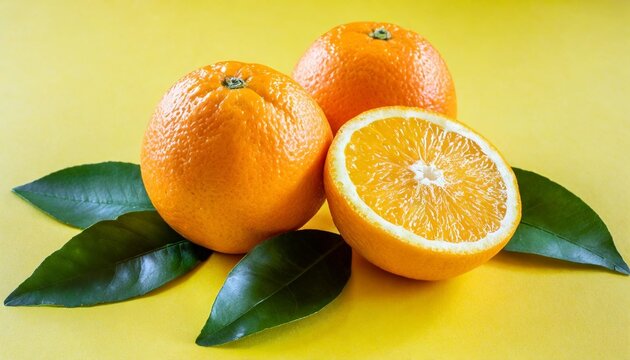 close up image of juicy organic whole and halved oranges with green leaves and visible core texture isolated yellow background