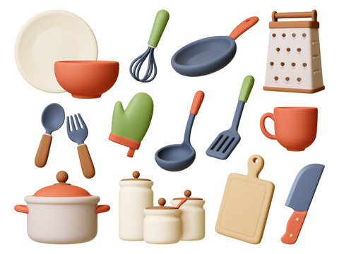 Render 3d kitchen elements. Isolated realistic bowl, cup and plate. Pot and crockery, knife, fork and spoon. Jars for ingredients, pithy vector clipart