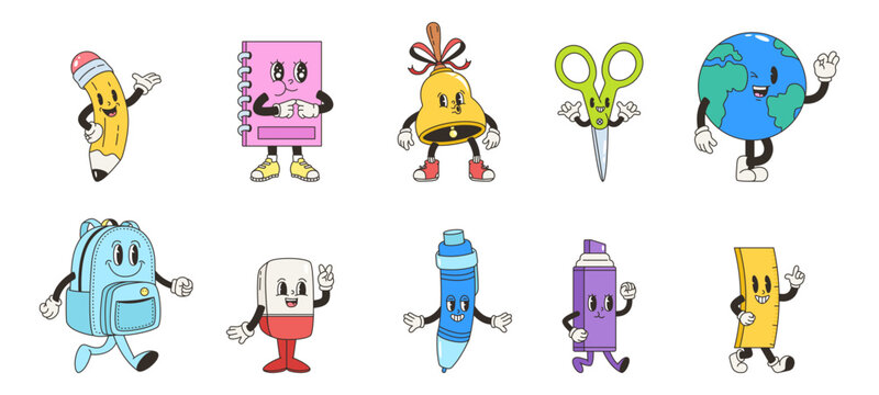 Back to school groovy elements. Positive retro style characters with different emotions. Cartoon funky book, pencil, bell and scissors, snugly vector set