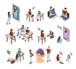 Psychotherapy session. Professional help in family relationship. Mind cleaning, depression or mental problems. Online consulting, flawless vector set