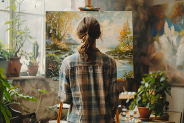 Female Artist Painting in a Sunny Home Studio