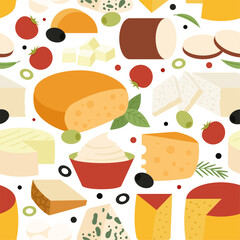 Cheese seamless pattern. Dairy products, tomatoes, olives and basil. Fresh food, italian or greek cuisine fabric print. Tasty decent vector background