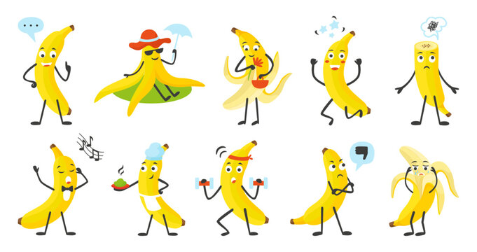 Banana characters. Cartoon various bananas poses and emotions. Emotional fruits cook, singing, rest and sport training, neoteric vector set