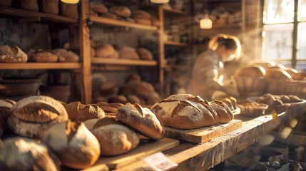 Foto op Aluminium Happy elderly baker with a rustic loaf of bread in a sunlit bakery. Traditional baking and craftsmanship concept with copy space for design and print © ANStudio