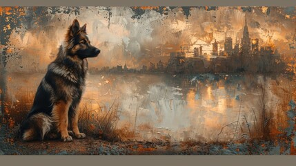 dogs in abstract metallic paintings - obrazy, fototapety, plakaty