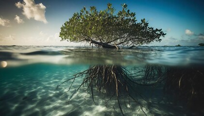 over and under water photograph of a mangrove tree in clear tropical waters with blue sky in background near staniel cay exuma bahamas - obrazy, fototapety, plakaty