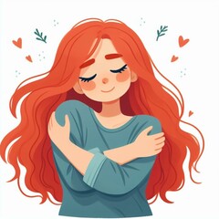 Happy red-haired woman hugging herself. Flat cartoon style illustration