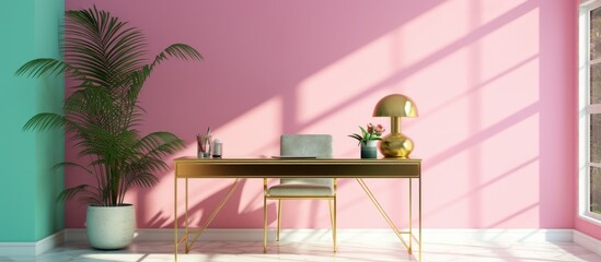 In a room with a pink wall, sunlight streams in through a white window onto a black wooden table. The room has a green marble floor and an ancient gold metal desk in the corner.