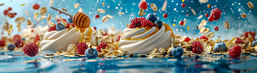 A blue background with a white dessert with blueberries and raspberries on top