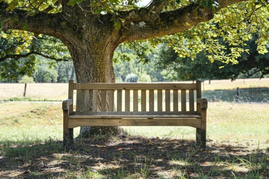 A wooden bench under the shade of a large oak tree, overlooking a tranquil park. No people present. The concept of the image is outdoor relaxation and solitude in nature.