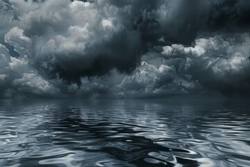 A large expanse of water under an ominous, cloudy sky, with the clouds reflected on the surface.