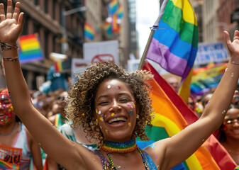 Obraz premium an African American girl celebrates gay pride day with a lot of people
