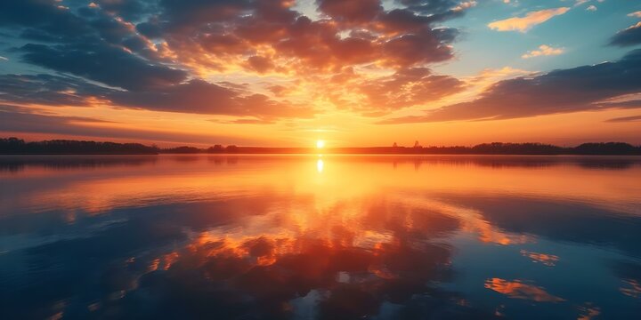 Golden Reflection: Peaceful Sunset Over Tranquil Lake. Concept Lakeside Serenity, Sunset Glow, Golden Hour Photography, Nature's Reflection, Calm Waters