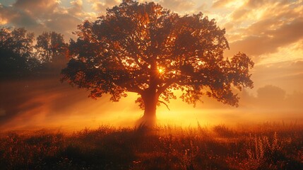 A solitary oak tree in a field during a foggy, golden sunrise - obrazy, fototapety, plakaty