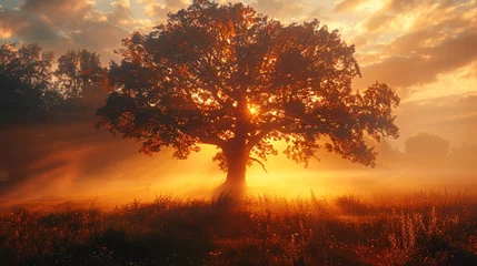 Foto op Plexiglas A solitary oak tree in a field during a foggy, golden sunrise © Michael