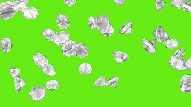 White rubies fall on a green background. 3D animation. Cartoon background. Rain of gems.