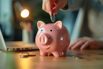 A focused view of a hand placing a coin into a pink piggy bank