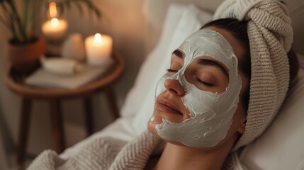 Woman enjoying a facial clay mask treatment. Indoor wellbeing and self-care routine concept for...