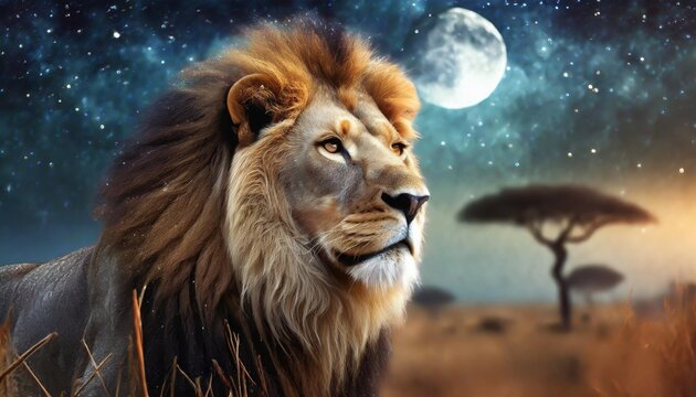 african lion and moon night in africa banner african savannah landscape theme king of animals spectacular dramatic starry cloudy sky proud dreaming fantasy lion in savanna looking forward