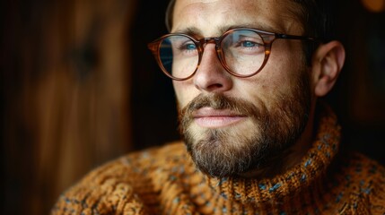 A multiracial man wearing glasses and a sweater gazes directly at the camera - Powered by Adobe