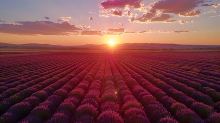 The serene beauty of a lavender field at sunset