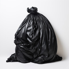 black garbage bag completely tied, white background, professional photo сreated with Generative Ai