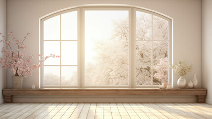 Large and empty living room with big window and spring landscape view