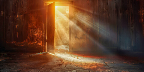 Mystical Sunlight Streaming Through Abandoned Building Entrance