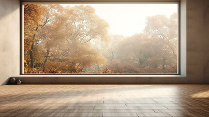 Large and empty living room with big window and fall landscape view