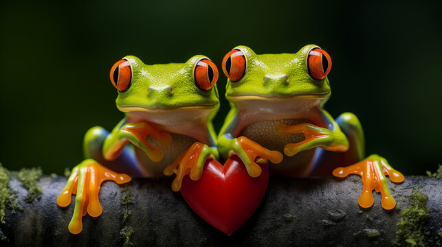 two frogs in love with a love heart