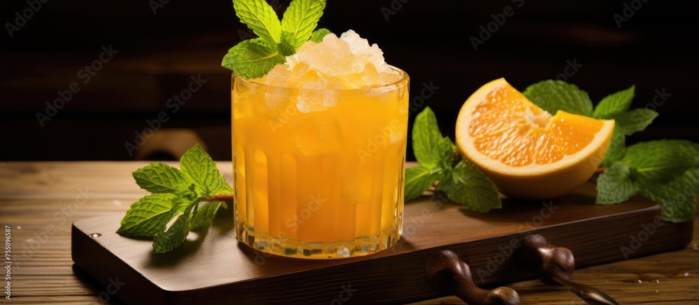 Sticker A refreshing glass of Lynchburg lemonade made with citrus fruit, ice, and mint leaves, beautifully served on a wooden cutting board