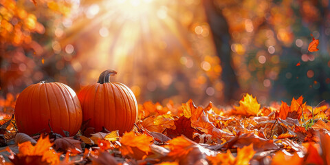 Naklejka na ściany i meble Pumpkins Amidst Fall Leaves in Golden Light