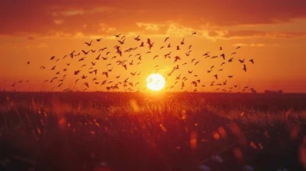 Foto op Canvas A flock of birds flies gracefully over a field as the sun sets, casting a warm glow on the landscape © imagineRbc