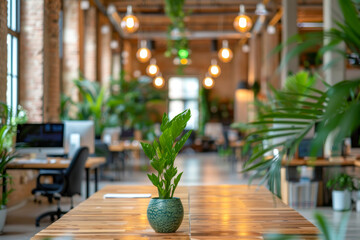 An indoor plant in a gray pot sits on a wooden table, adding a touch of greenery to a stylish office with hanging lights