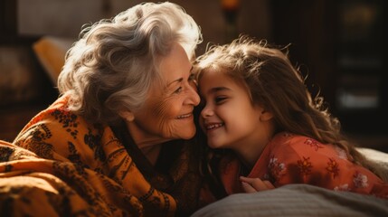 An older woman of mixed race embraces a young multiracial girl tightly on a bed, showing affection and comfort in their interaction - obrazy, fototapety, plakaty