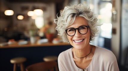 A multiracial woman wearing glasses is seated at a table - obrazy, fototapety, plakaty