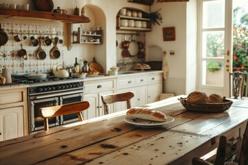 Rustic country kitchen with a large wooden table, terracotta floor tiles, and an array of copper pots and ceramic dishware. The concept is a cozy, traditional culinary space.