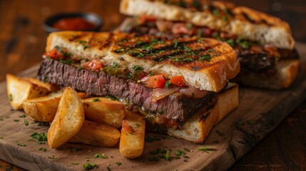 A steak sandwich and a serving of French fries are displayed on a wooden cutting board