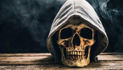a creepy gloomy tenebrouse spooky hooded skull